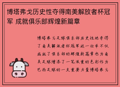 博塔弗戈历史性夺得南美解放者杯冠军 成就俱乐部辉煌新篇章